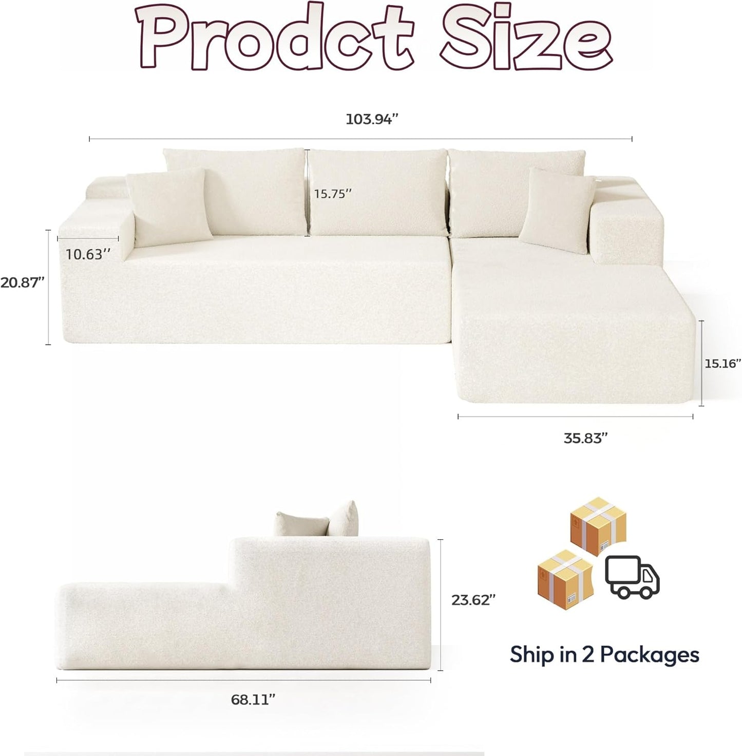 Cloud Sectional Couch, 104”L-Shape Oversized Sofa with Left Chaise Lounge, Modular Sleeper Couch with Pillows & Deep Seat, Rain Drop Velvet Fabric Compressed Sofa for Living Room, Beige