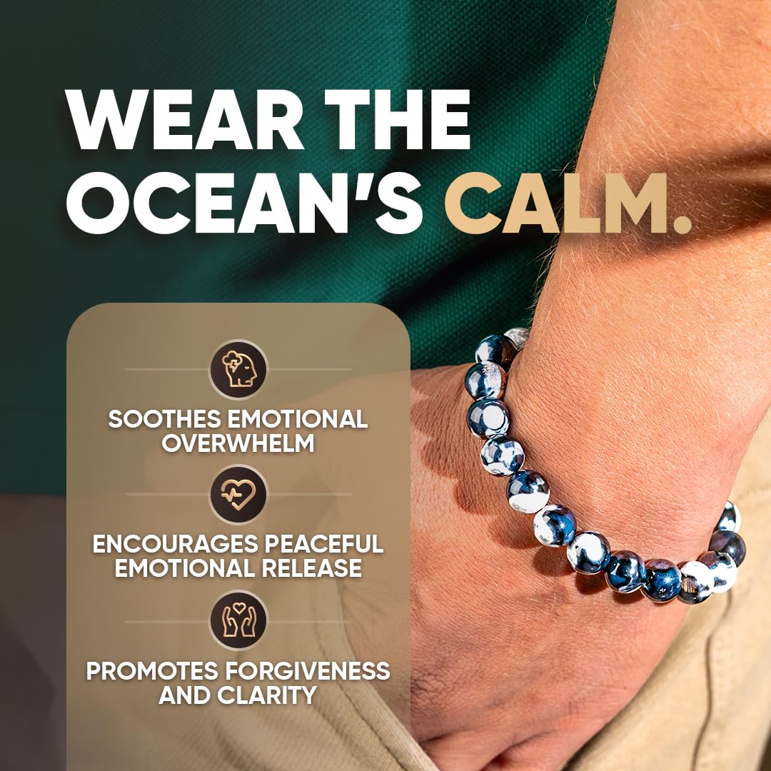 Conscious Items Exotic Orca Agate Bracelet of Deep Healing, Gray Blue White Agate Stress Bracelet for Calm, Inner Peace, & Confidence, Rare Madagascar Healing Stone Bracelets for Women & Men
