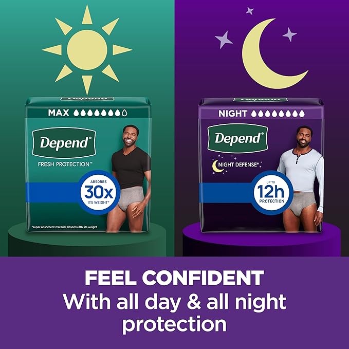 Depend Night Defense Adult Diapers, Incontinence Underwear for Men, Disposable, Overnight, Extra-Large, Grey, 12 Count, Packaging May Vary