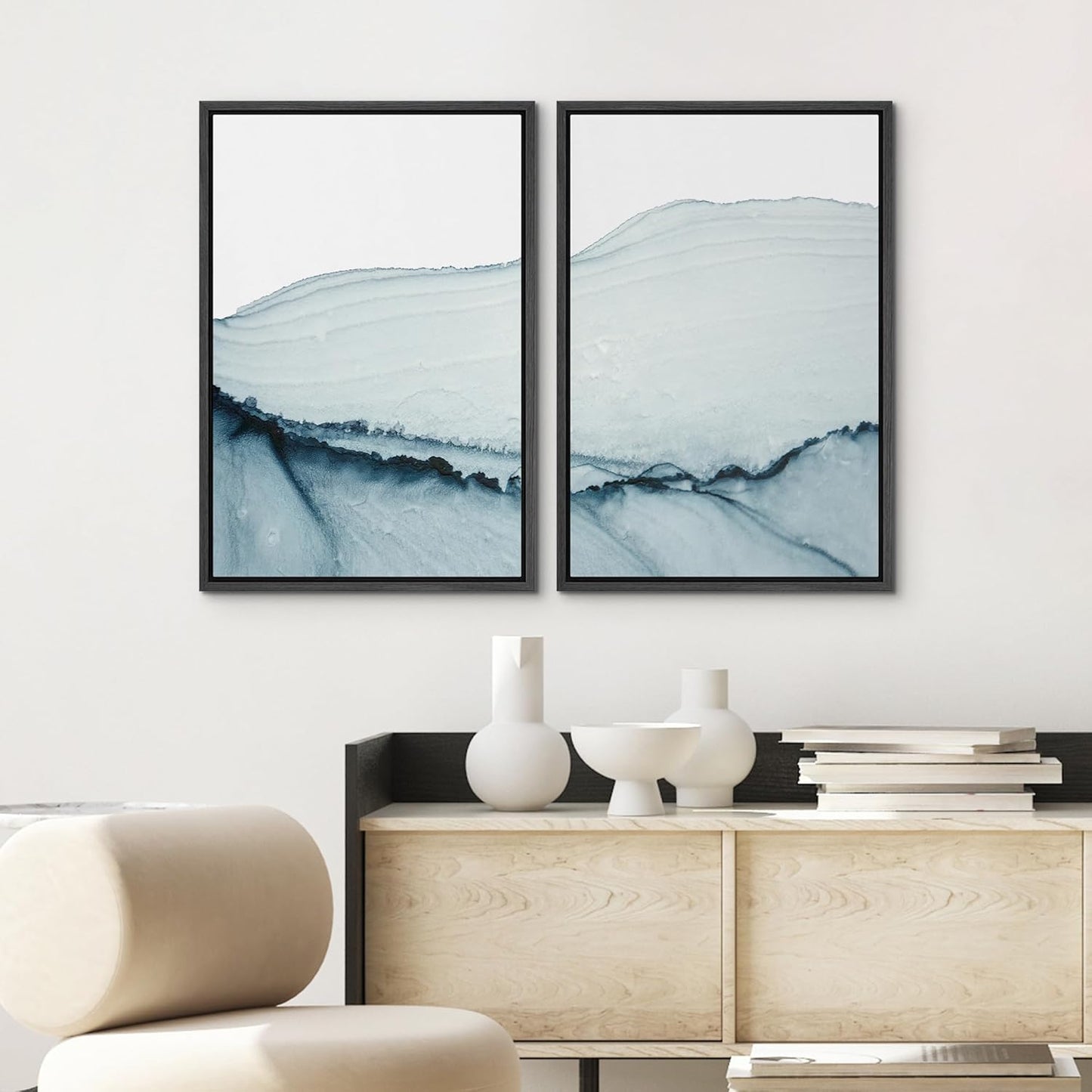 SIGNWIN Framed Wall Art Print Set Blue Paint Stroke Wave Collage Abstract Shapes Illustrations Modern Art Rustic Relax/Calm Multicolor for Living Room, Bedroom, Office - 16"x24"x2 Black