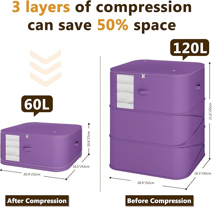 5-piece compressed clothes storage bags, foldable wardrobe storage bags, large-capacity with handles, suitable for sweaters, bed sheets, blankets, down quilts, pillows, toys, etc.（purple）