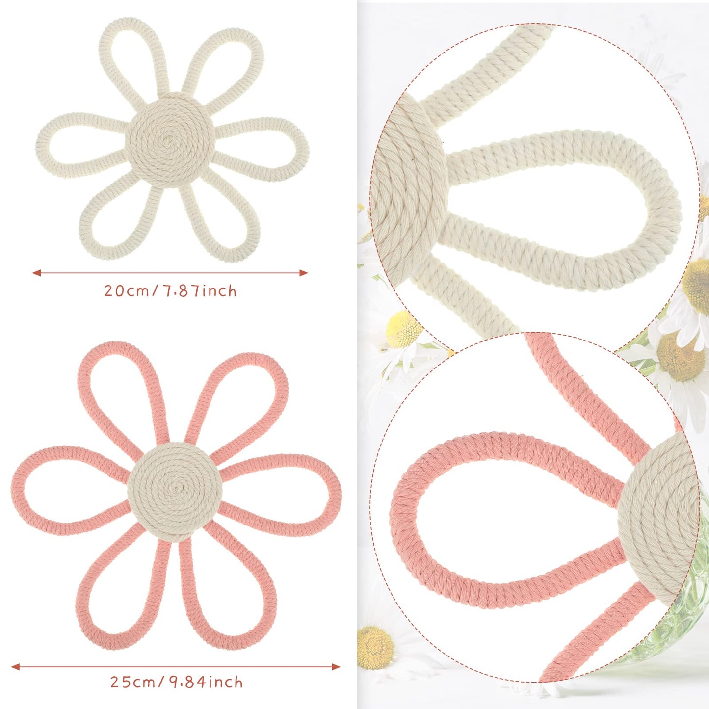 Gerrii Boho Nursery Decor for Girl Daisy Flower 9. 8 and 7. 8 Inch Woven Macrame Wall Hanging Daisy Flower Bohemian Nursery Wall Decor for Baby Girls Kids Bedroom Dorm(Pink, White,2 Pcs)
