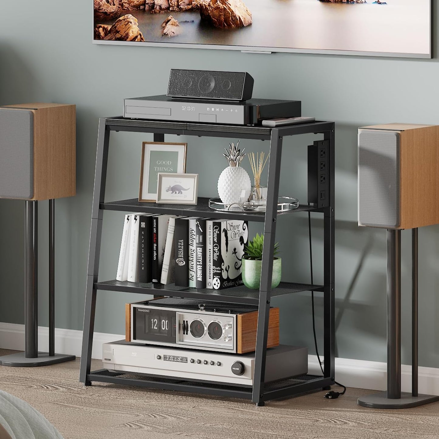 HOOBRO 4-Tier AV Media Stand with Charging Station and LED Light, Wooden Stereo Cabinet, Corner TV Stand, Rack Audio Tower, Corner Entertainment Center, Black BB107UDCJ01