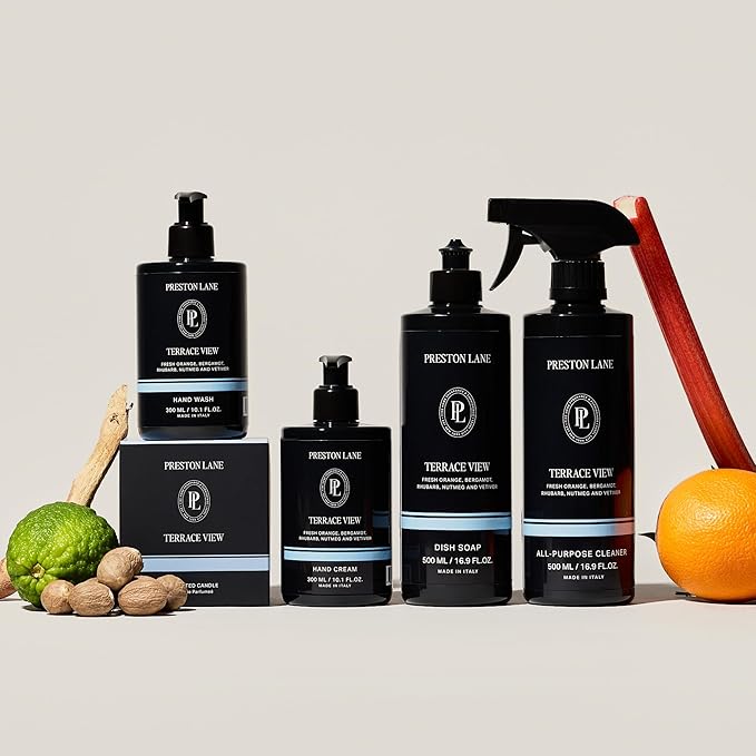 Preston Lane Signature Home Set – All Purpose Cleaner, Dish Soap, Hand Wash, Hand Cream & Scented Candle | Plant-Powered Cleaning & Care Essentials with Fine Italian Fragrance, Terrace View