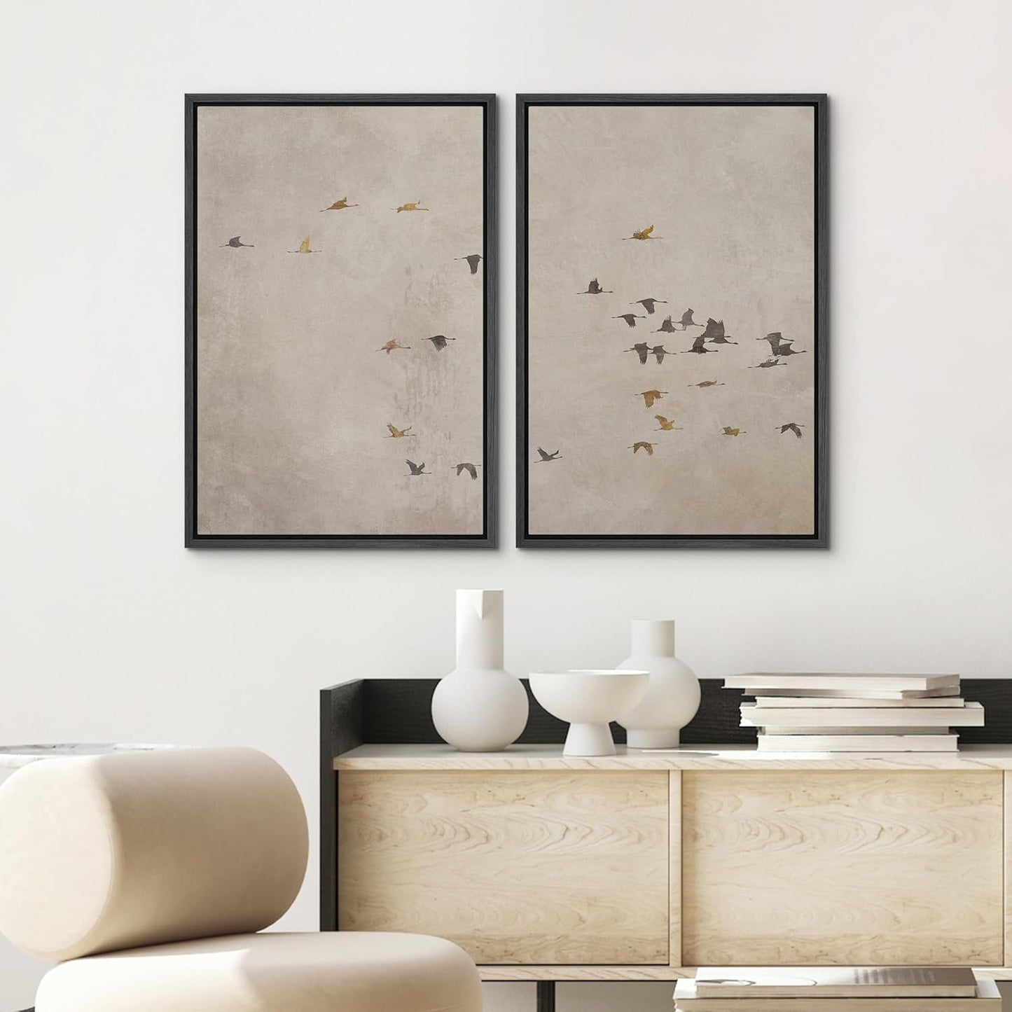 SIGNWIN Framed Canvas Print Wall Art Set Flying Birds Silhouette Minimalist Beige Illustrations Modern Minimal Decorative for Living Room, Bedroom, Office - 16"x24"x2 Black