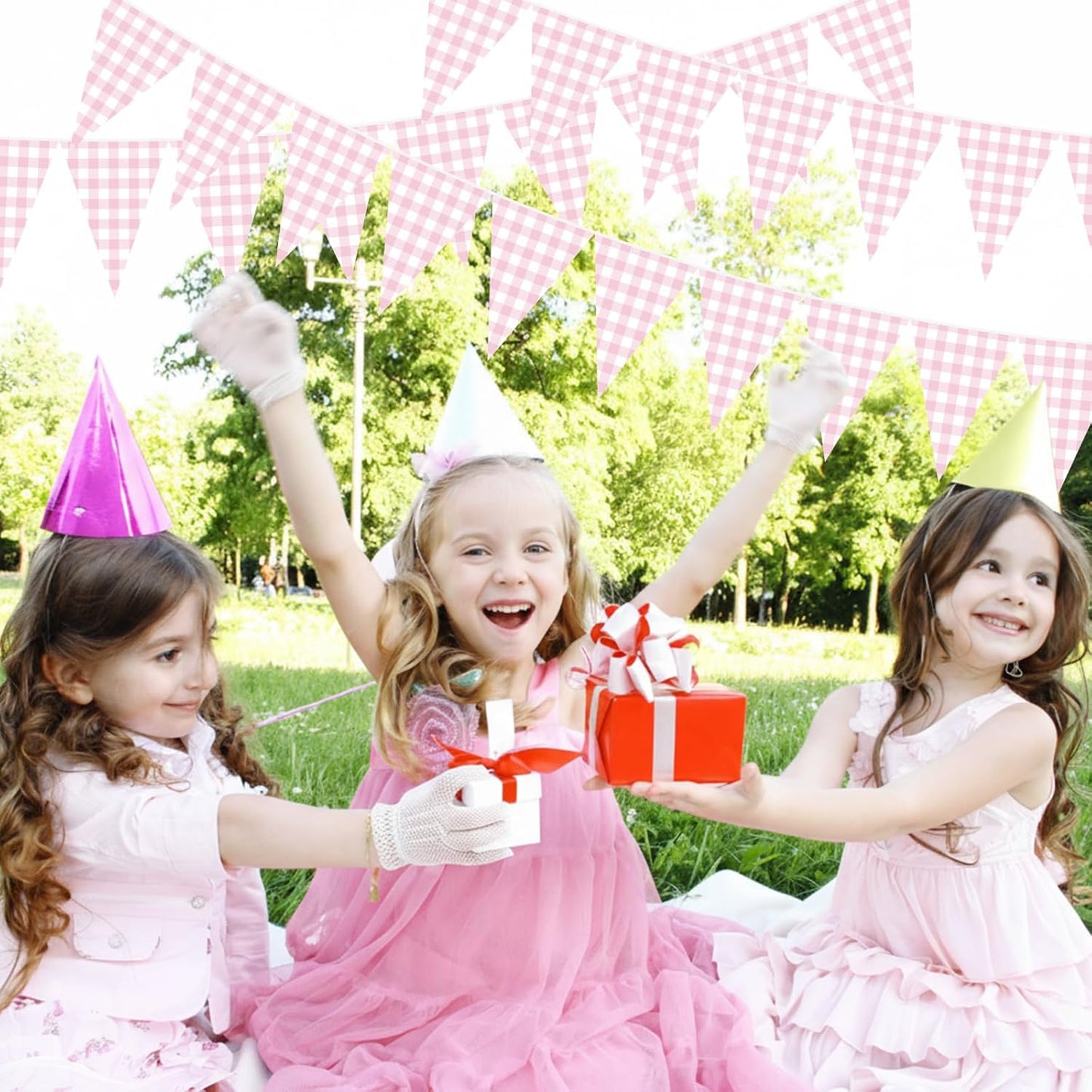 Pasimy 98.42 ft 120 Pieces Pink Gingham Pennant Banner - Pink Plaid Garland Decor Gingham String Triangle Party Bunting Flags for Birthday Baby Shower Party Decorations Supplies