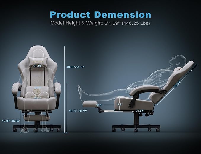 Gaming Chair Breathable Leather with Pocket Spring Cushion,Wide and High Ergonomic Office Chair with Headrest,Computer Gaming Chair with Footrest for Adult and Teen,Beige