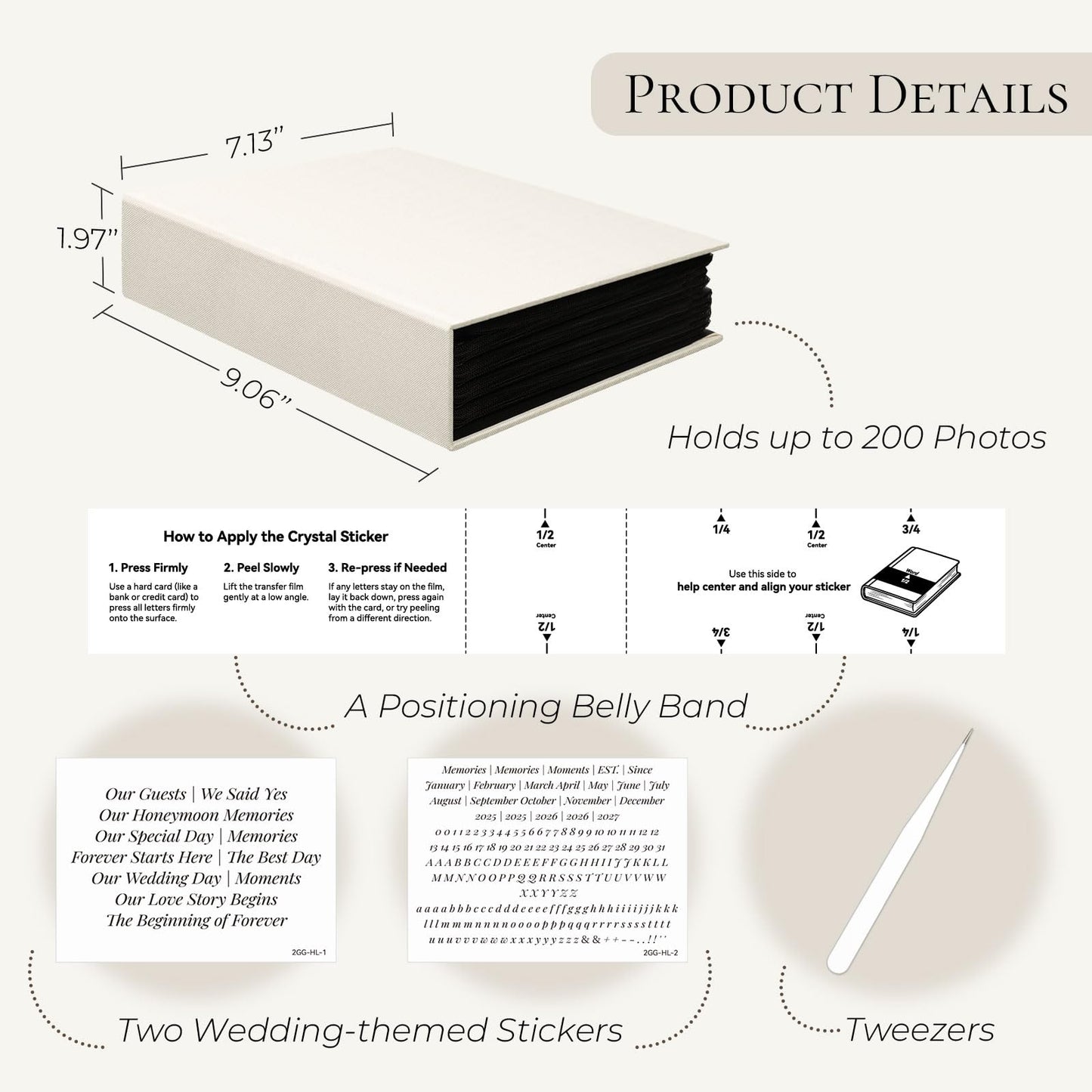 Vienrose Wedding Photo Album 4x6 Slip In Pocket Photo Album with 200 Pockets, Cloth Cover Photo Book, Acid-Free Pages, DIY Custom Cover with Tweezers &Wedding Themed Crystal Stickers, Beige