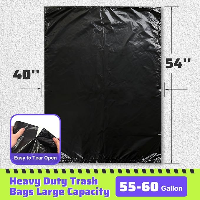 55-60 Gallon Trash Bags 40 Count, 2 Mil Heavy Duty Trash Bags, Durable & Tear-Resistant Trash Can Liners, Large Black Garbage Bags for Household Waste, Kitchen Waste, Yard Trash & Packing Leaves