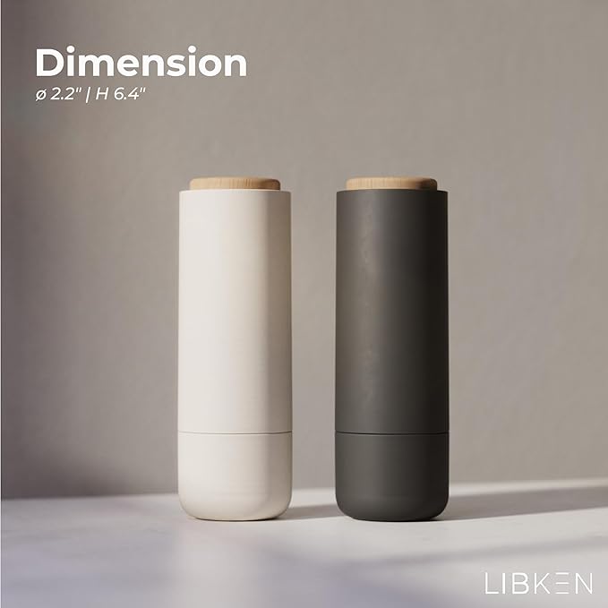 Non-Spill Salt and Pepper Grinder Set - Adjustable Ceramic Grinder - Minimalistic Spice Mill - Easy to Refill Condiments Dispenser - Wood & Soft-Coated Plastic - 6.2 x 2.2 inch (White & Grey)