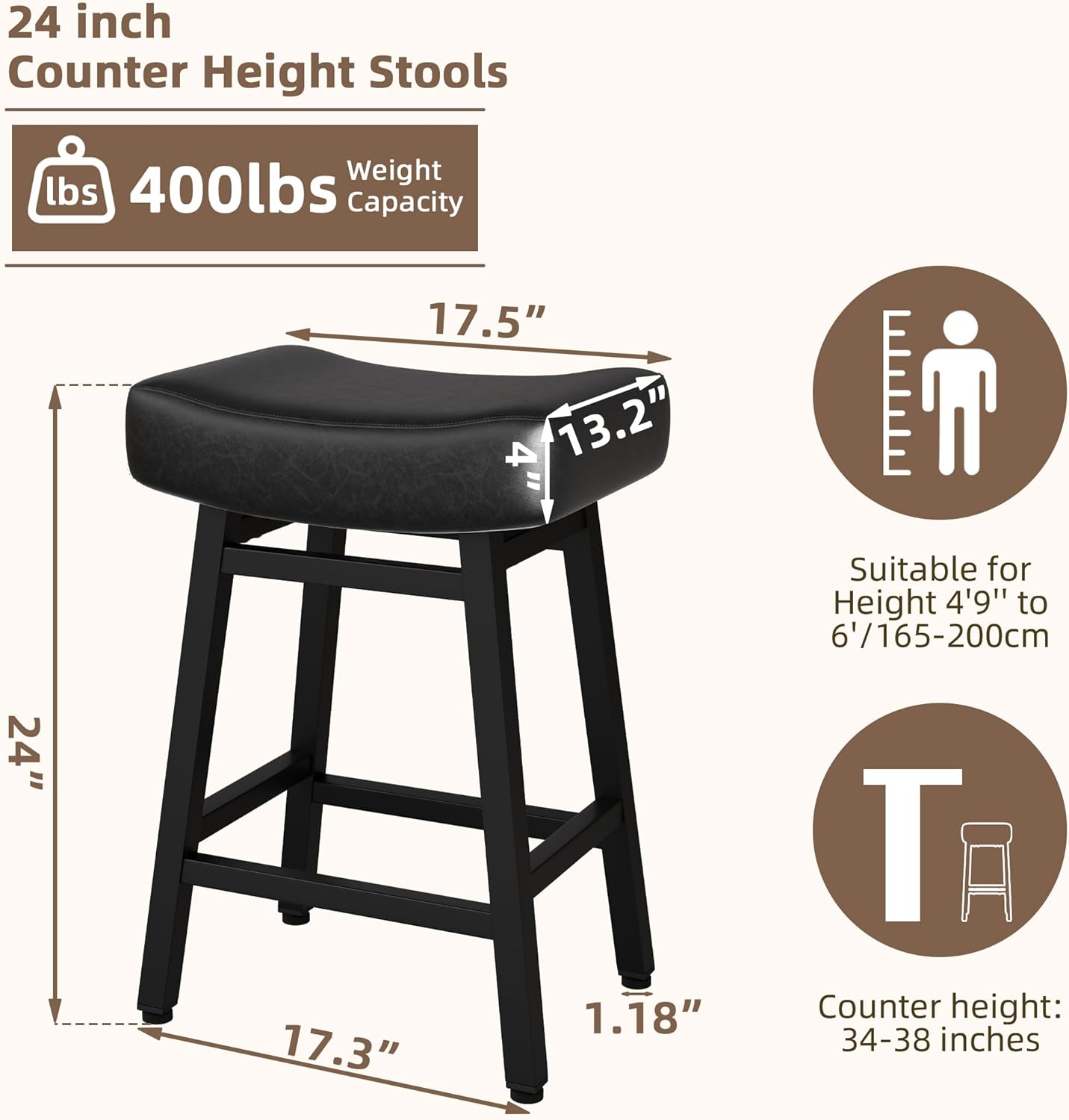 Counter Height Bar Stools Set of 6, 24 Inch Backless BarStools for Kitchen Island Leather Saddle Bar Chairs Kitchen Stools with 4" Thick Seats & Heavy Duty Metal Base, Black