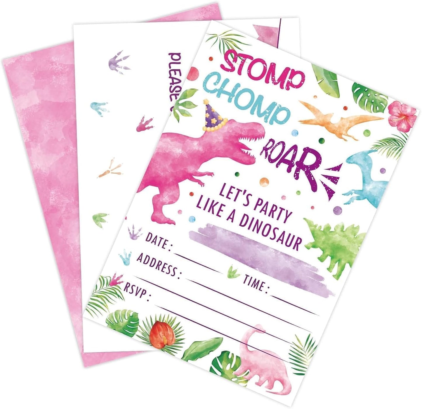 WERNNSAI 20 Sets Dinosaur Party Invitation with Envelopes - Pink Dinosaur Invitation Cards for Girls Kids Birthday Party Supplies Watercolor T-Rex Invites Cards Double Sided for Baby Shower Decoration