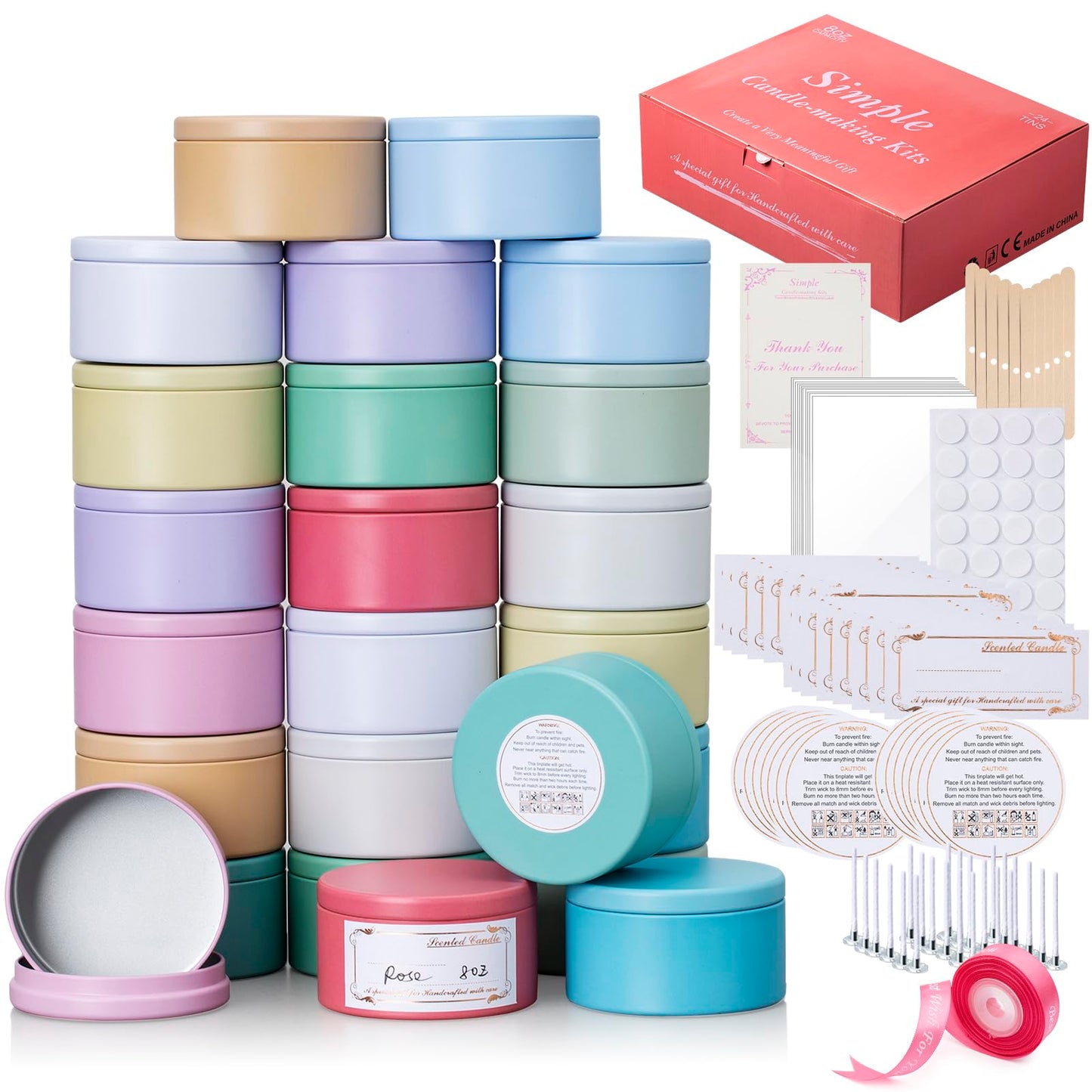 Domivirgo 24 Empty Candle Tins 8 oz with Lids for Making Candles - Simple Candle Making Kit, Include Wicks, Holders & Stickers, Labels, Pink Ribbon,Gift Box & Card and Transparent Bags (Colorful)
