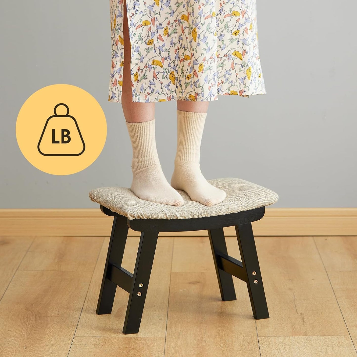 Foot Stool Ottoman Foot Rest Under Desk,Small Stool for Living Room, Bedroom and Kitchen (Black Legs - Beige Stool Surface)