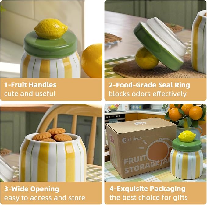 Cookie Jars with Lid Airtight, Hand Painted Lemon Ceramic Food Storage Containers with Lids for Home Decor and Kitchen Countertops, For Coffee, Spices, Sugar, Tea, Salt, Honey, Candy, Nut