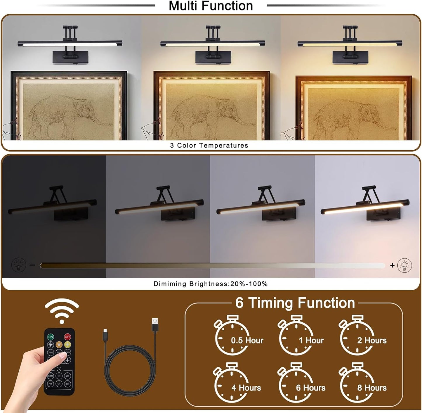 Battery Operated Picture Light with Remote 16” Black Art Light for Painting Dimmable & Timer Wireless Gallery Lights 3CCT Frame lighting Rechargeable Wall Lights for Artwork Potrait Dartboard