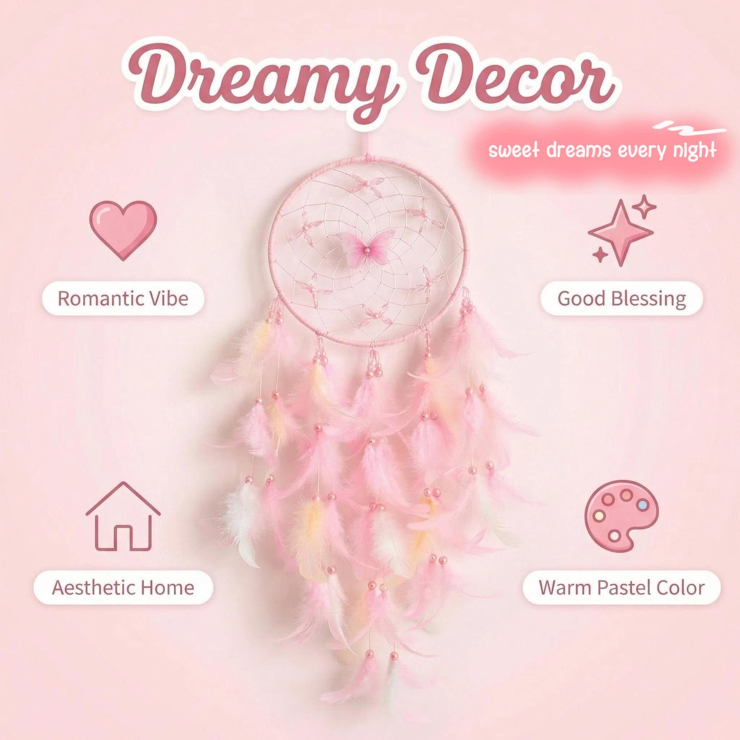 Zenwizvoy Pink Dream Catcher, Handmade Boho Wall Decor with Feathers and Butterfly, Dream Catcher for Bedroom, Nursery, Wall Hanging Ornament, Gift for Girls, Women