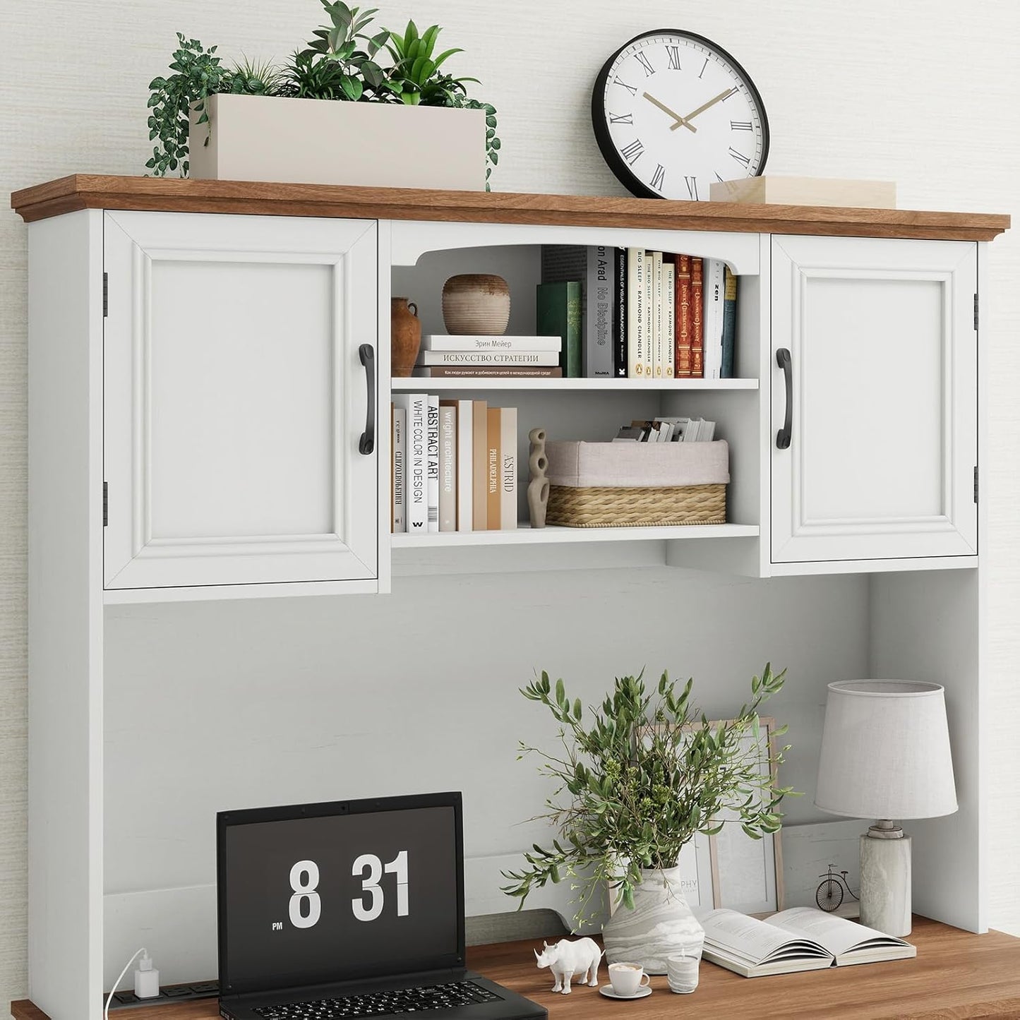 Farmhouse 47" Executive Desk with Hutch, 2 Drawers and LED Light, Computer Desk with Storage Cabinet and Charging Station,Workstation for Home Office and Study.Unique White