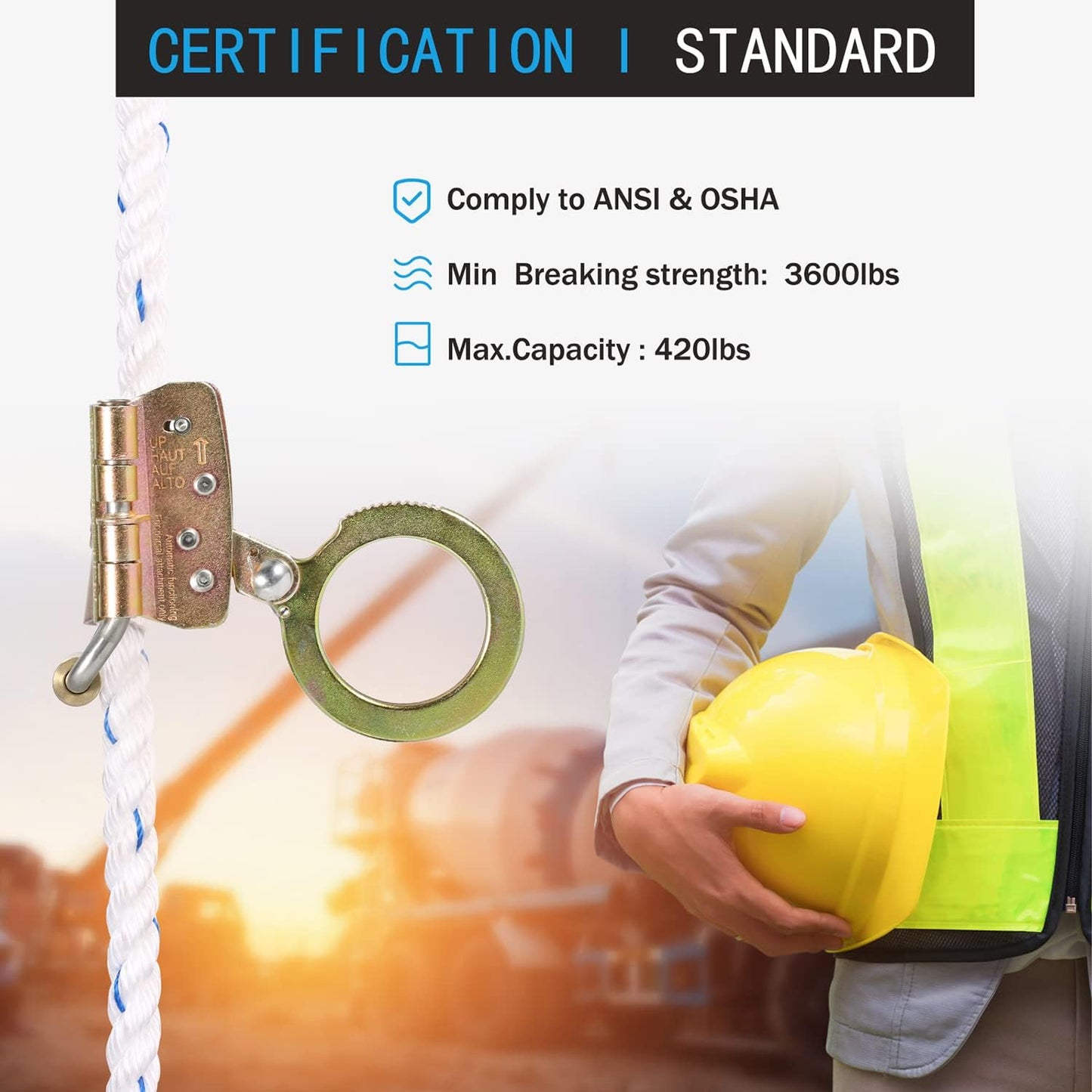 Fall Protection Rope Grab with Anti-Panic Feature, Auto-Trail Double Locking Rope Grabs Fall Arrester, Used with 5/8” Lifeline Rope, for Construction, Climbing, Comply to ANSI/OSHA