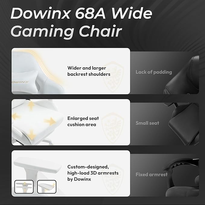 Dowinx Big and Tall Gaming Chair with Suede Fabric Breathable, Game Chairs for Adults with Oversized Thick Seat for 440lbs, Ergonomic Gamer Chair for Streaming & Long Gaming Sessions, White