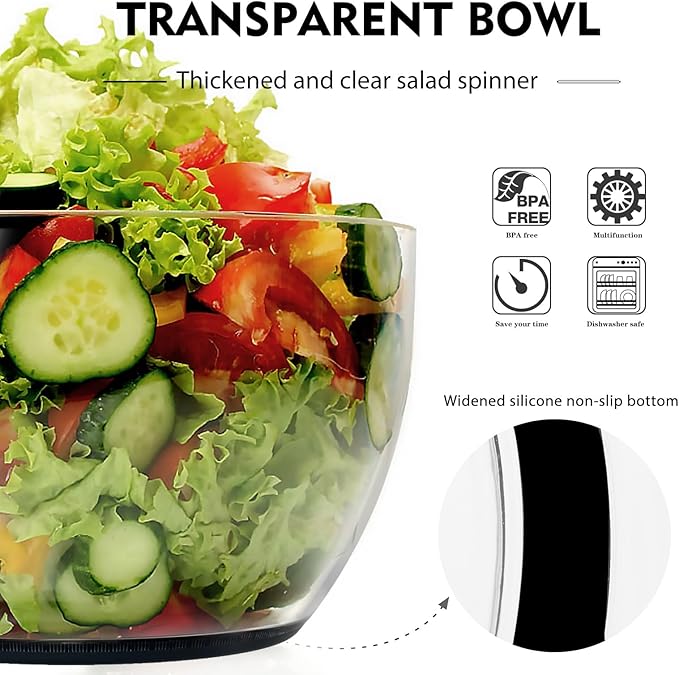 Ourokhome Salad Spinner Lettuce Dryer, One-handed Easy Press Large Vegetable Dryer Salad Mixer with Comfortable and Retractable Pusher and Brake Button for Greens, Herb, Berry, Fruits, 6.3 QT, Black