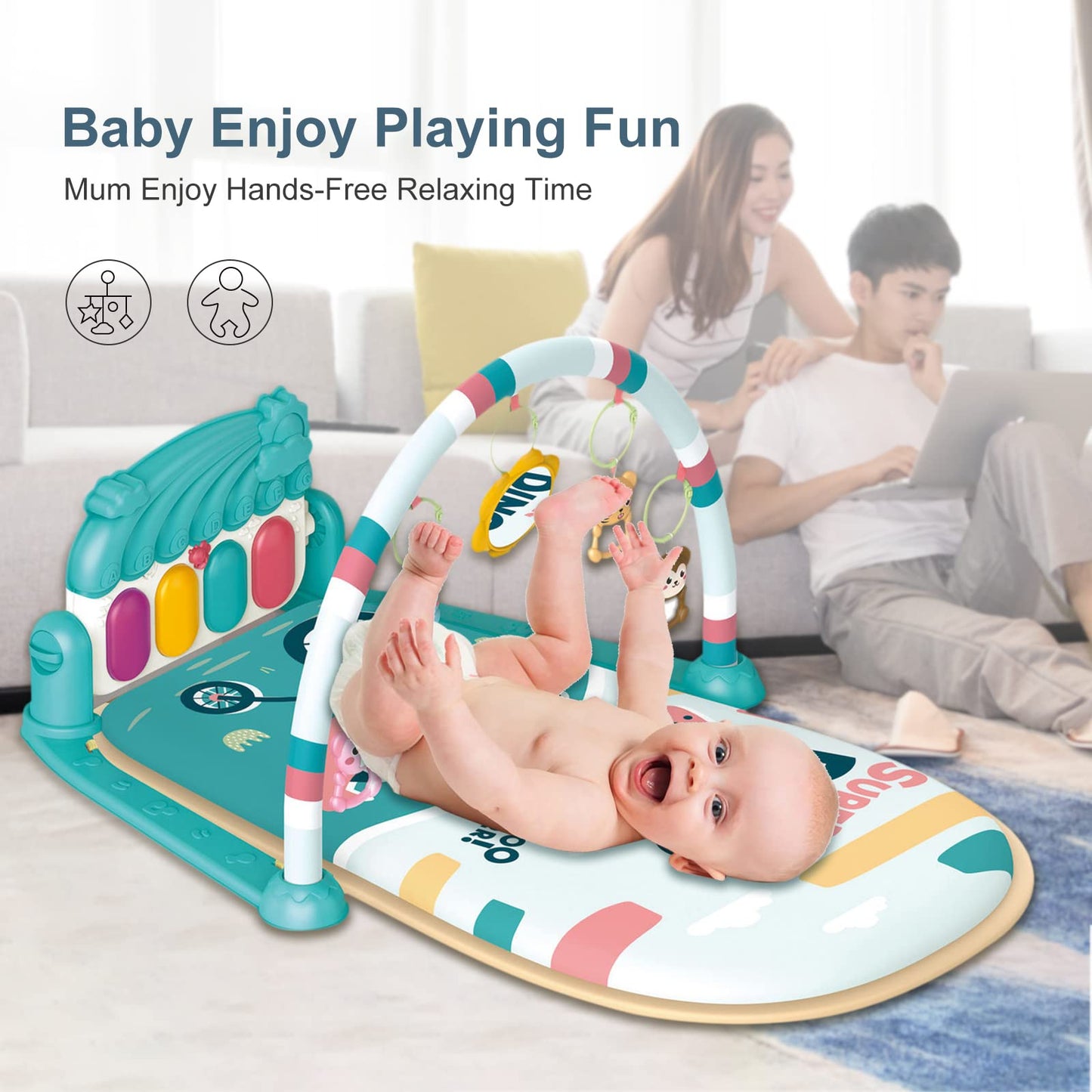dearlomum Baby Play Mat & Piano Tummy Time Gym, Infant Sensory Activity Playmat with 5 Toys, Music & Lights, Developmental Gift for Boys & Girls 0-12 Months (Blue)