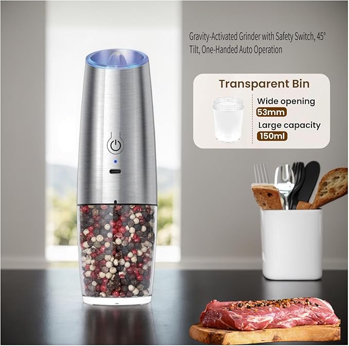 Electric Salt & Pepper Grinder,Spice Grinde USB-Rechargeable with Gravity-Activated LED Light, 150ml Silver Model for Kitchen Cooking, Travel, and Gatherings