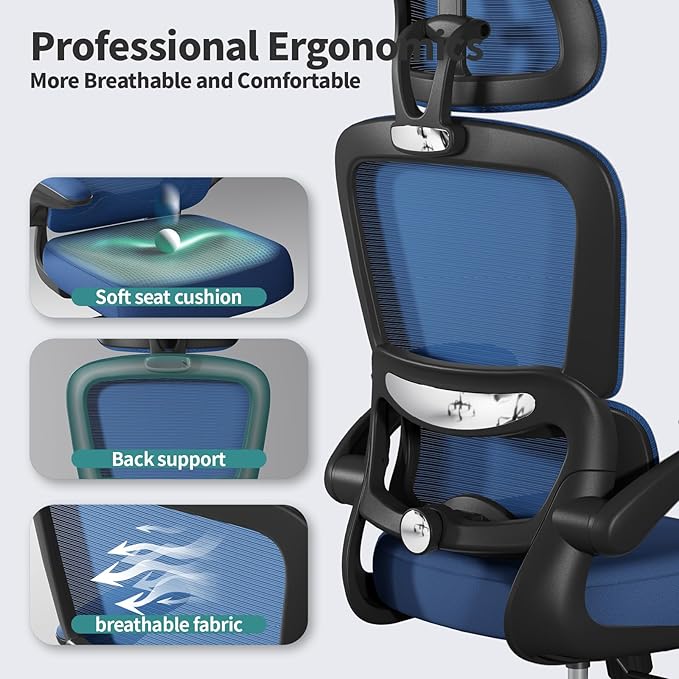TRALT Office Chair Ergonomic Desk Chair, 330 LBS Home Mesh Office Desk Chairs with Wheels, Comfortable Gaming Chair, High Back Office Chair for Long Hours (Dark Blue)