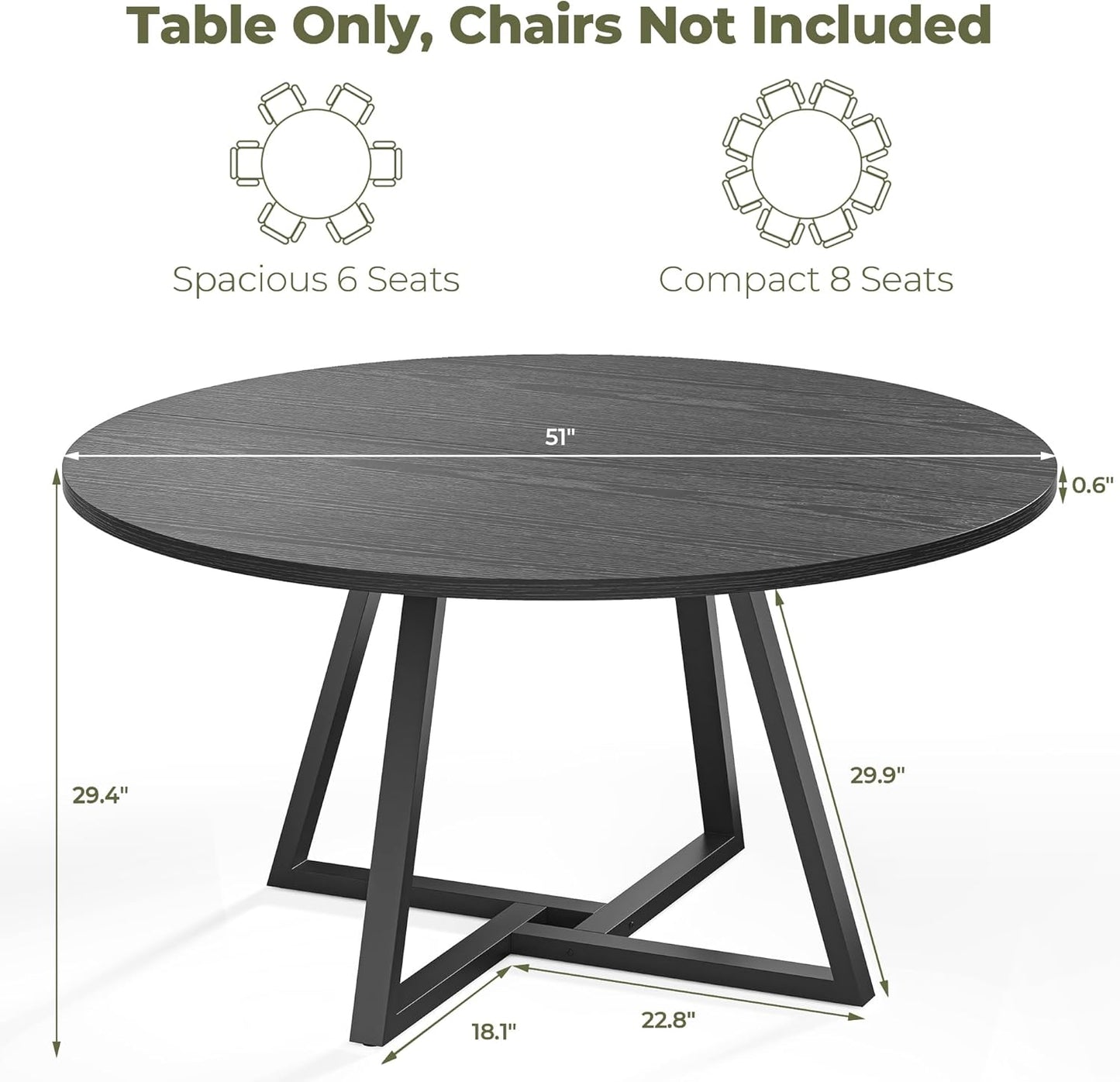 IRONCK 51" Round Dining Table for 6, Wood Kitchen Table with Metal Base, Space Saving Industrial Circle Dinner Table for Kitchen Dining Room, Black