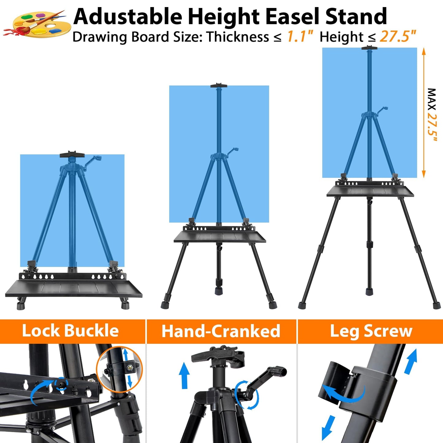VAIIGO Easel Stand for Painting Artist Easel Stand Adjustable Height 20" to 61" Metal Tripod Art Easels Stand for Painting Canvases Tabletop Floor Art Easel Stand with Tray, Bag, Folding Keg, Black