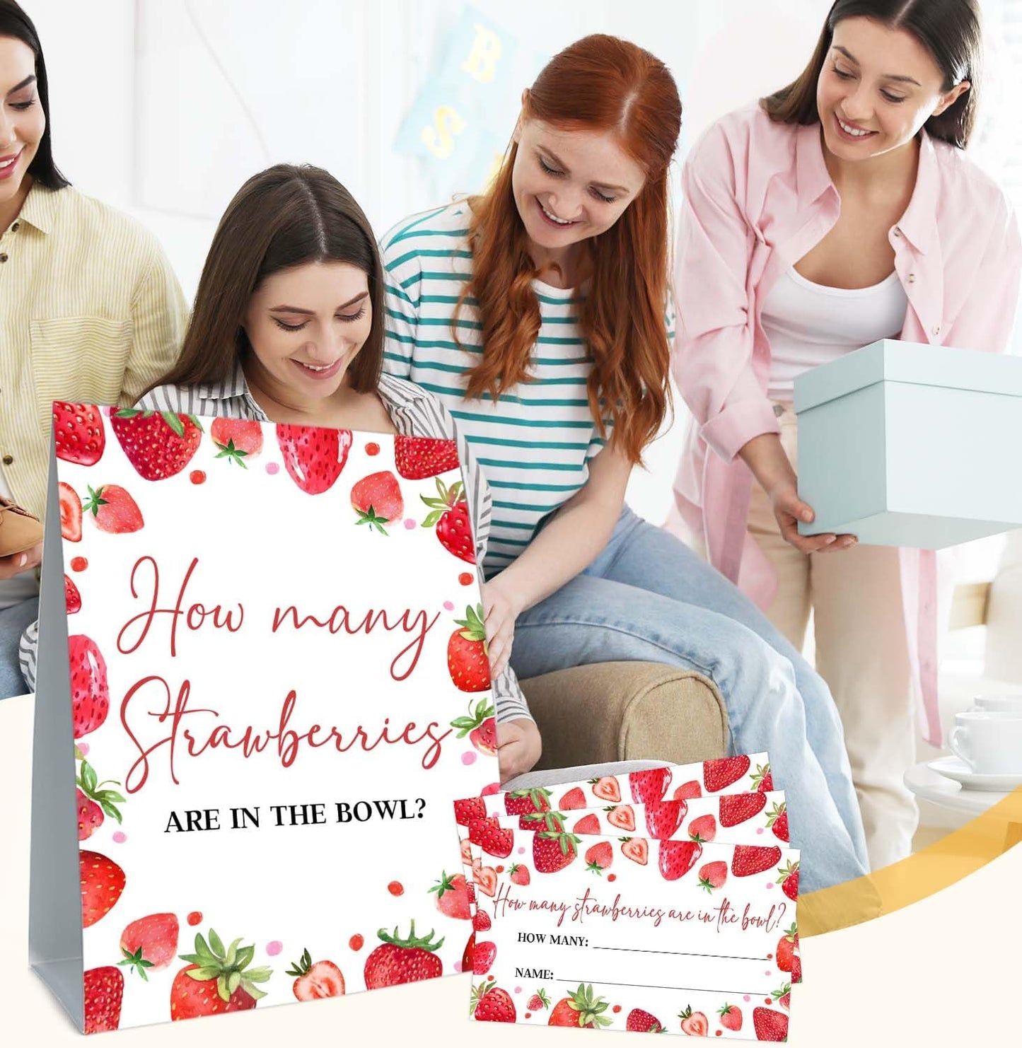 Strawberry Baby Shower Games, Strawberry Decorations for Bridal Shower, Guess How Many Strawberries Are in the Jar, Party Games & Activities 50 Cards and Sign