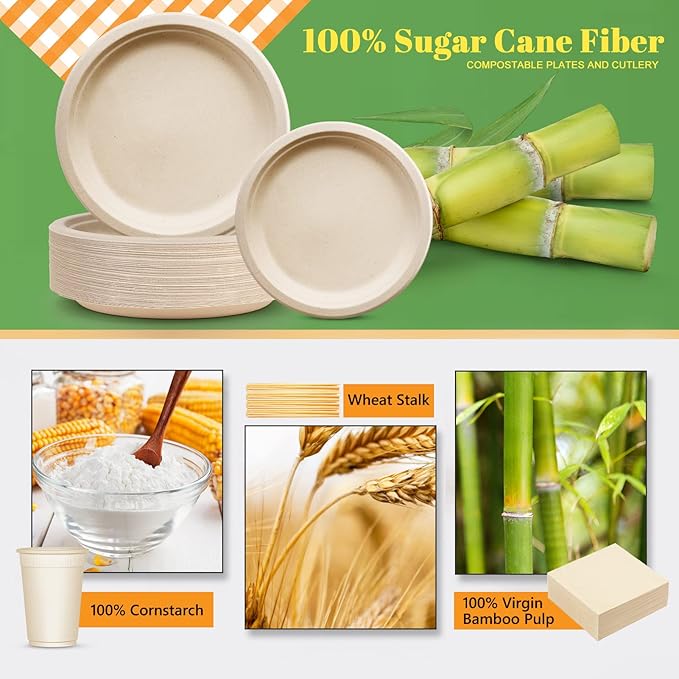 Gezond Compostable Paper Plates Set 250pcs Disposable Sugarcane Plates Utensils Eco-Friendly Plate, Cutlery, Napkins, Straws and Cups for Party 25 People