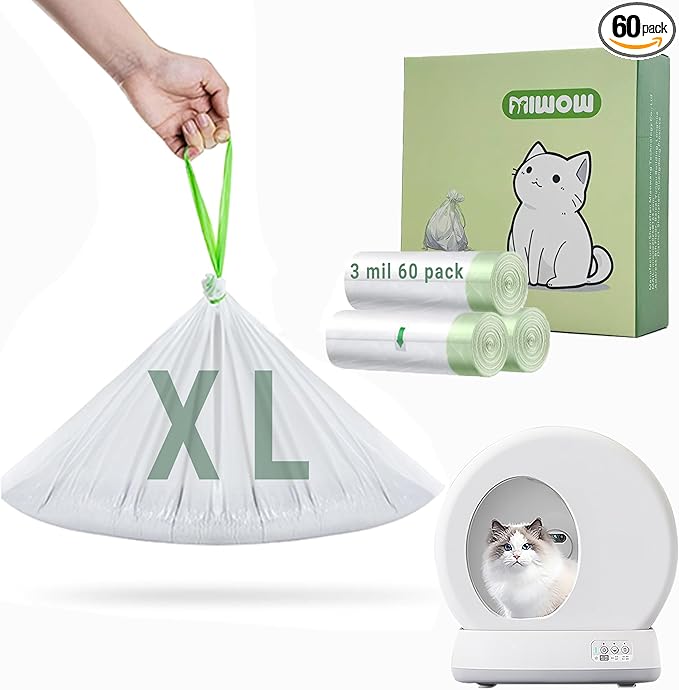 60 Count Miwow Cat Litter Box Liners for MeoWant MW-SC01、MW-SC02, Leak-Proof & Odor-Proof Litter Box Liners Replacement Waste Bags, Compatible for Meowant and More Automatic Litter Box (3 Rolls)