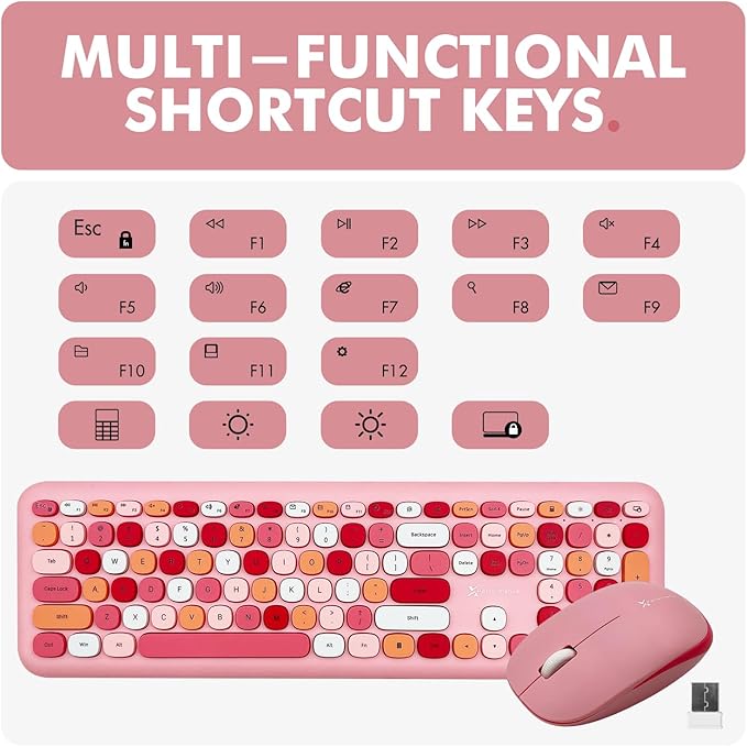 X9 Pink Cute Wireless Keyboard and Mouse Combo - 2.4G Retro Typewriter-Style with Aesthetic Bubble Keys - Colorful Hot Pink Keyboard and Mouse Wireless Combo for PC, Laptop, Windows & Chrome