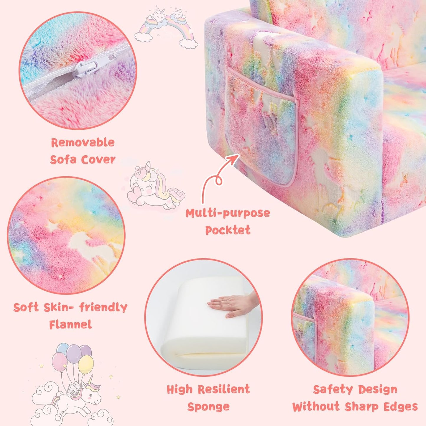 Toddler Chair Comfy,2-in-1 Soft Toddler Couch Fold Out for Kids,Convertible Sofa to Lounger,Gift for Girls and Boys Birthday,Unicorn,Medium