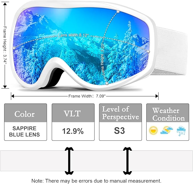 Ski Goggles OTG for Men Women, Anti-Fog Snowboard Goggles UV400 Protection Snow Goggles for Adult Youth