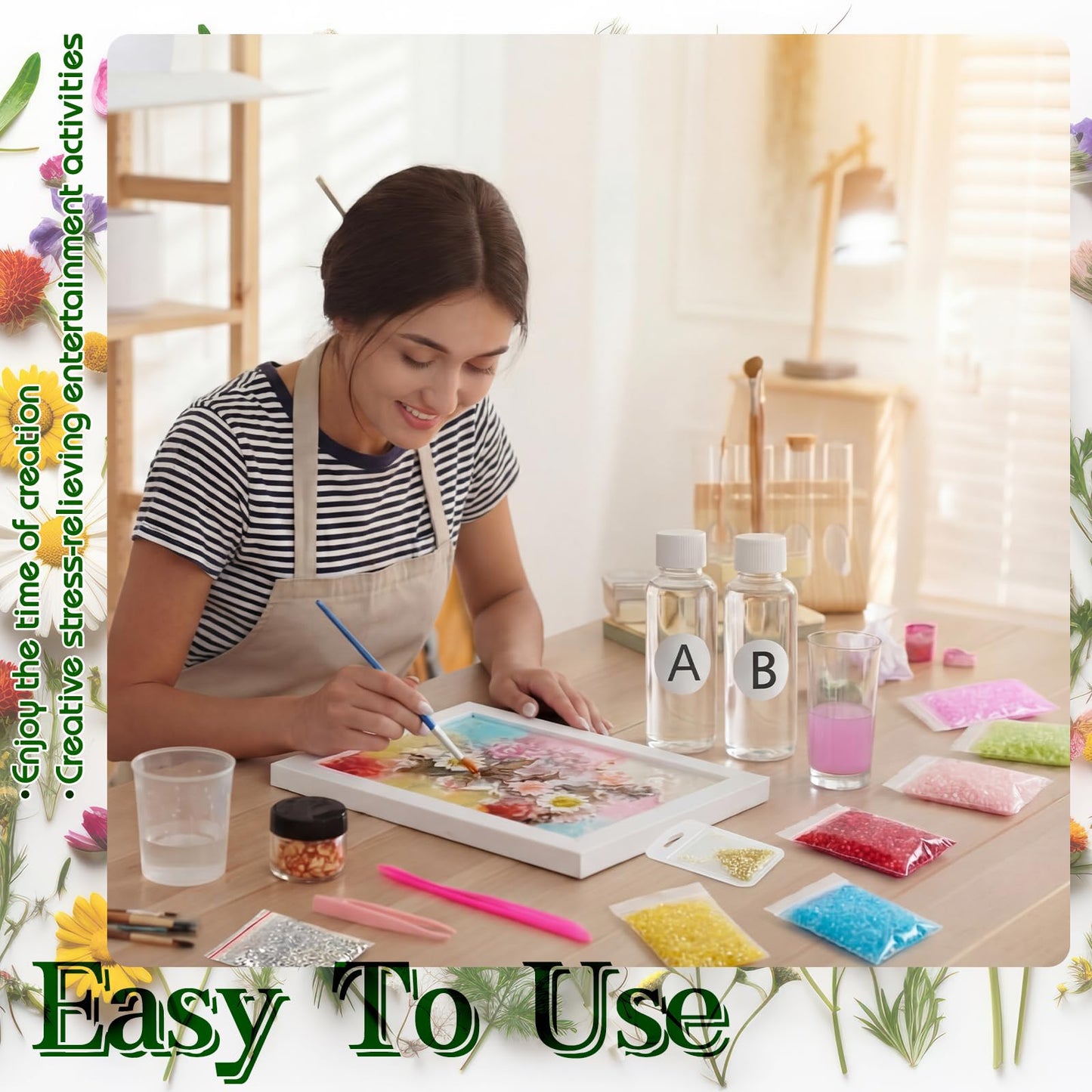 Novabright DIY Dried Flower Crushed Glass Art Kit for Adults Beginners, Sea Glass Mosaic Resin Craft Set for Home Decor, Wedding Gifts Handmade Boho Home Bedroom Office Bookshelf Table Decoration