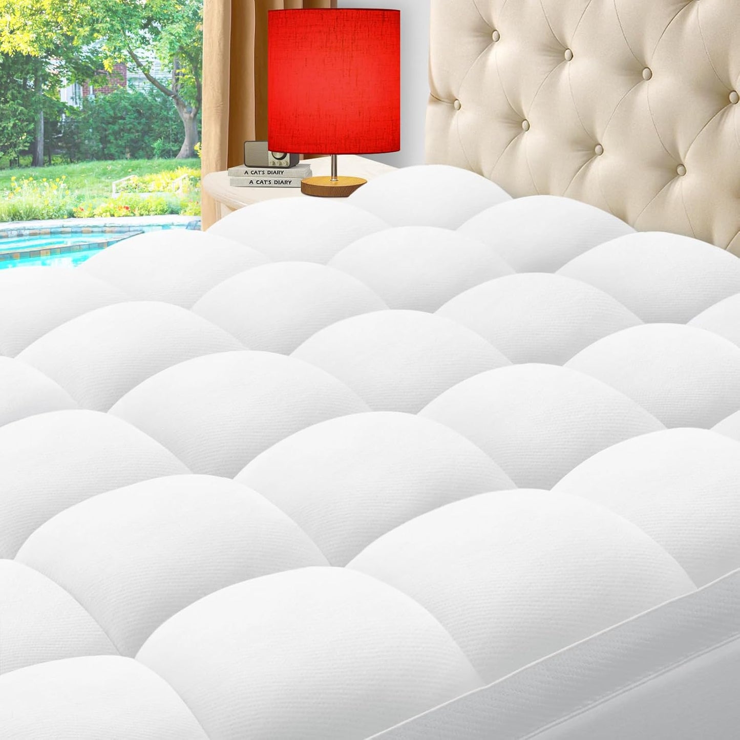 ELEMUSE King Cooling Bamboo Viscose Mattress Topper for Back Pain, Extra Thick Mattress Pad Cover, Plush Soft Pillowtop with Elastic Deep Pocket, Overfilled Down Alternative Filling