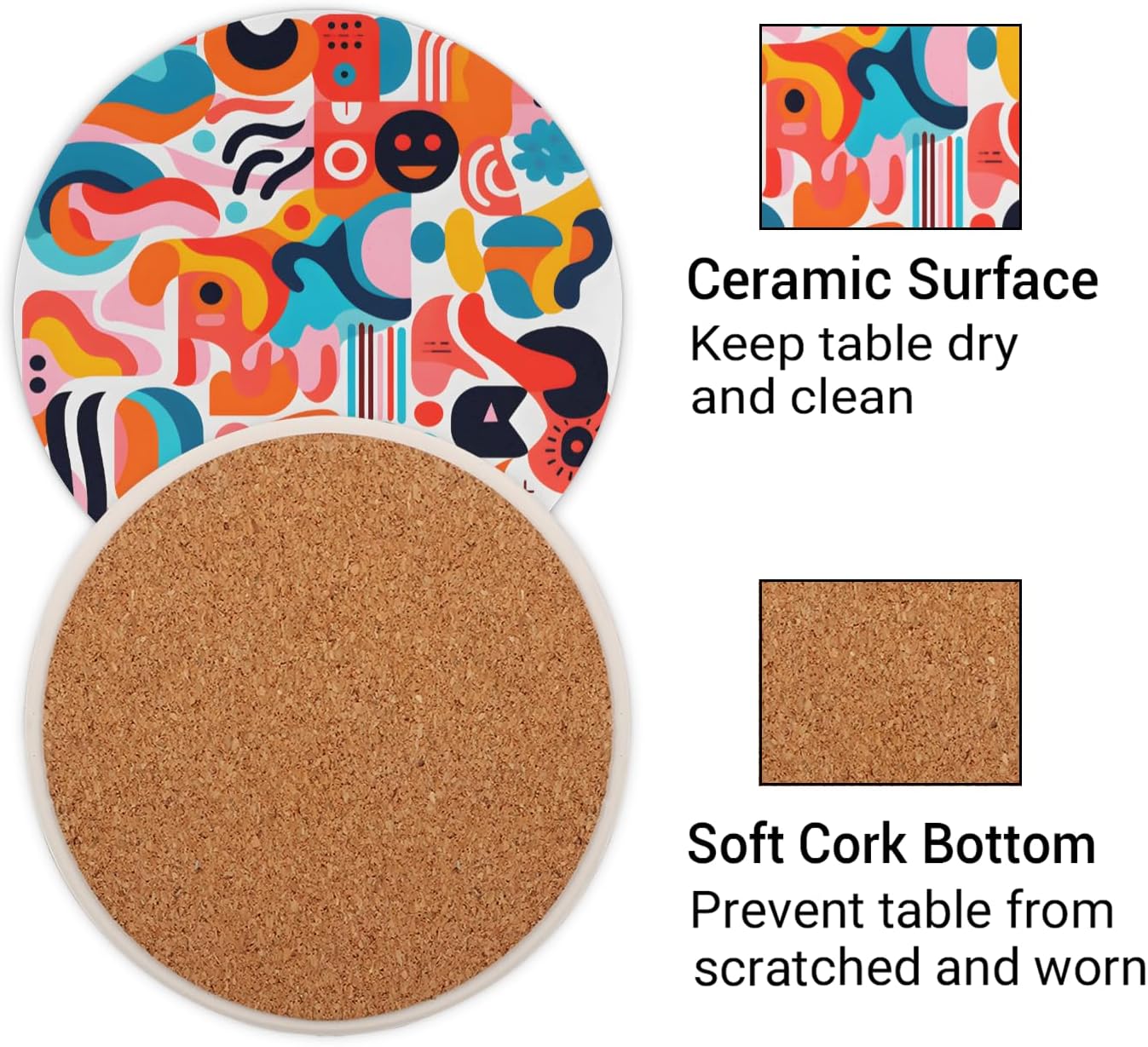 Ceramic Coasters for Drinks with Cork Back,Colorful Abstract Shapes 4 Inch Absorbent Coaster Set 4 Pack, Quick Dry Non-Slip Coaster Mats for Home, Office, Bar
