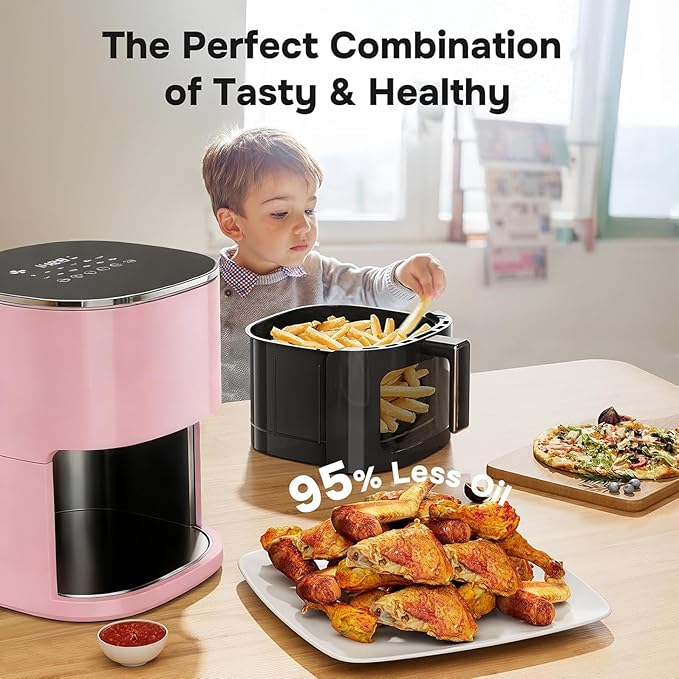 Simple Deluxe 12-in-1 Air Fryer 6.34 Qt, Digital Preset Airfryer with Visible Window, Nonstick and Dishwasher-Safe Basket, Air Fry, Roast, Bake, Dehydrate, Fries, 1700W, Pink