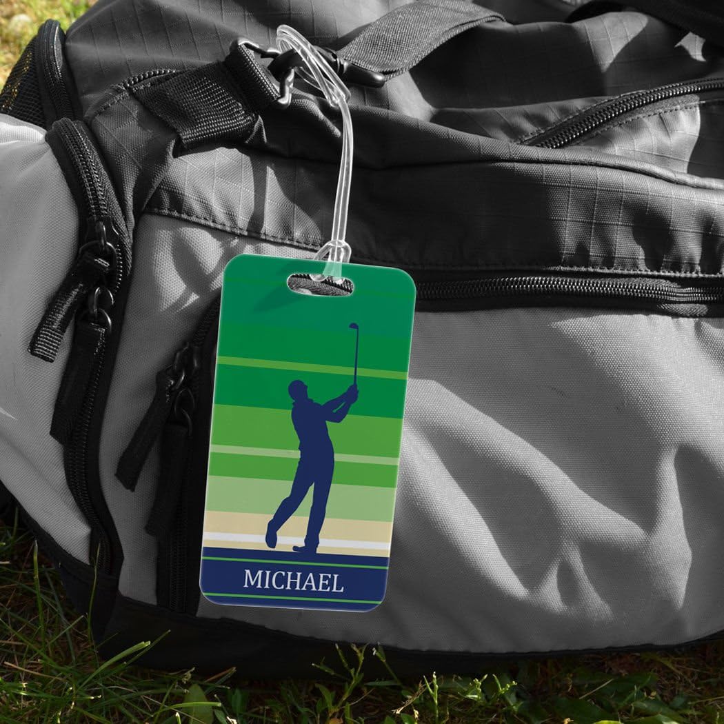 ChalkTalkSPORTS Golf Luggage & Bag Tag | Personalized Male Golfer | Standard Lines on Back | Large | Green