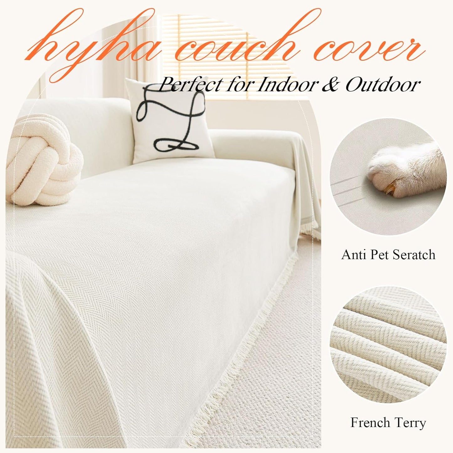 hyha Couch Cover for Dogs, Boho Sofa Covers for 3 Cushion Couch Washable, Chenille Sofa Slipcover for Pets, Soft Loveseat Sectional Couch Throw Blankets with Tassels (Beige, 71x150 Inch)