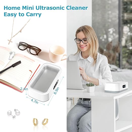 Ultrasonic Jewelry Cleaner Machine, 49kHz Mini Ultrasonic Cleaner for Glasses, Jewelry, Rings, Earrings, Eyeglasses, Retainers, Dentures, 22 oz 304 Stainless Steel Tank, 3 Cleaning Modes