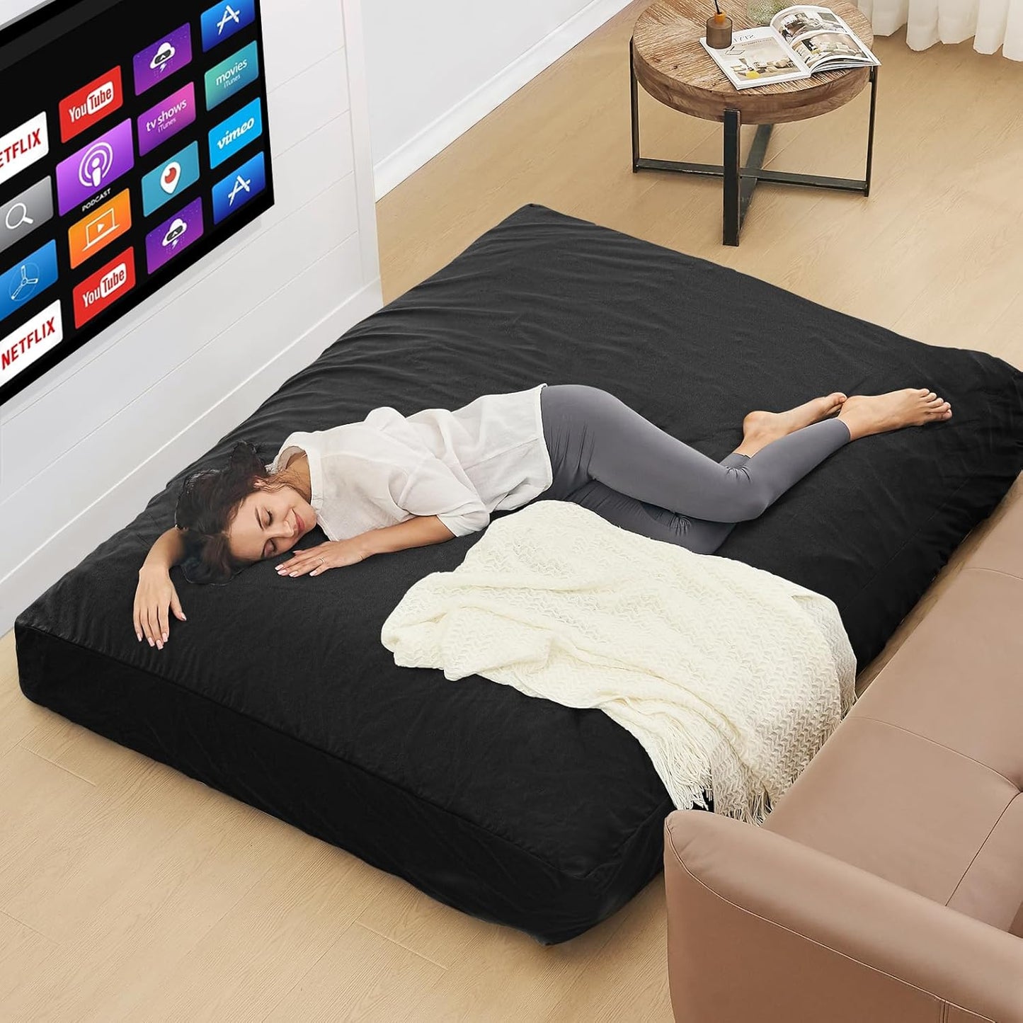 Bean Bag Chairs for Adults - Giant Bean Bag Chair Convertible Bean Bag Bed - Beanbag Chair with Micro Fiber Cover/Furniture Foam Filler - Floor Couch Sofa in Bedroom Dorm Room - Queen Carbon Black