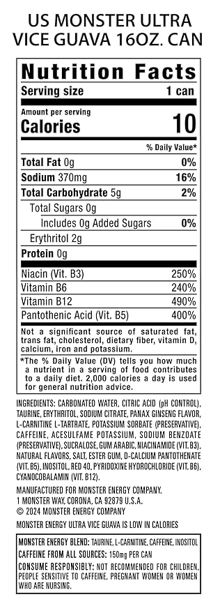 Monster Energy Ultra Vice Guava, Sugar Free Energy Drink, 16 Ounce (Pack of 15)