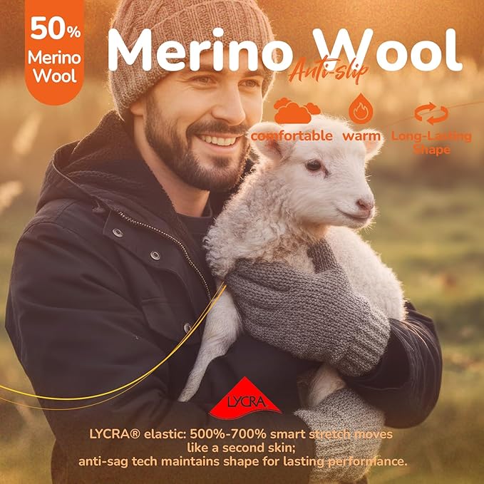 Merino Wool Gloves for Men Women Touch Screen Warm Anti-Slip Glove Liners Thermal for Driving Hiking