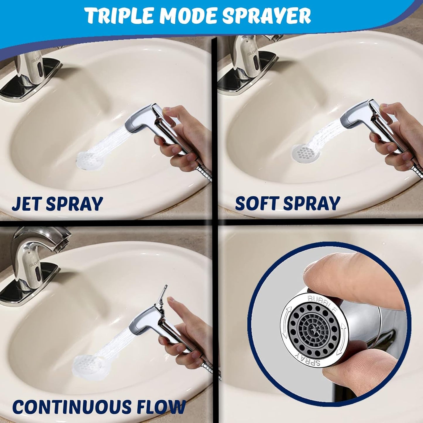 Handheld Bidet Sprayer for Toilet - Triple Mode Spray: Cloth Diaper Washer, Jet Spray & Gentle Stream | Premium Adjustable Hose Sprayer Attachment for Muslim Shower Shattaf | Portable Bidet Included