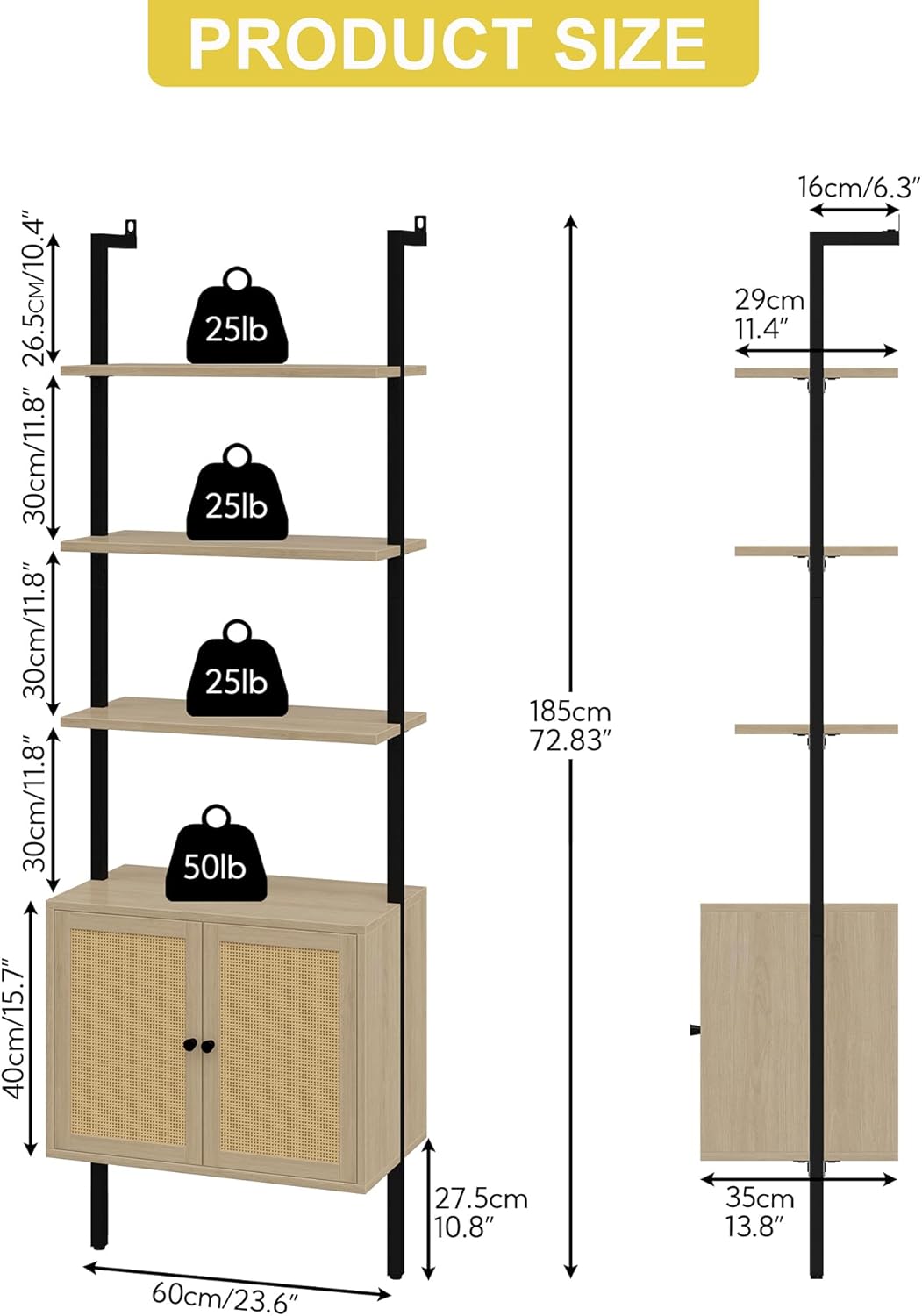 Yusong 73" Tall Bookshelf with Cabinet, Industrial Ladder Wall Mount Shelf Rattan Bookcase with Wood and Metal Frame, Plant Shelf Wall Storage Display for Living Room Bedroom,Light Ivory Brown