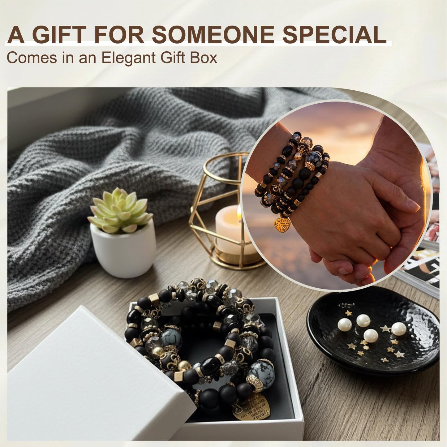 Ysenchan Bohemian Bracelet Set for Women, 4 Pcs Beaded Stackable Bracelets with Heart Charm, Stretch Bracelets, Boho Jewelry Gift – [Black]