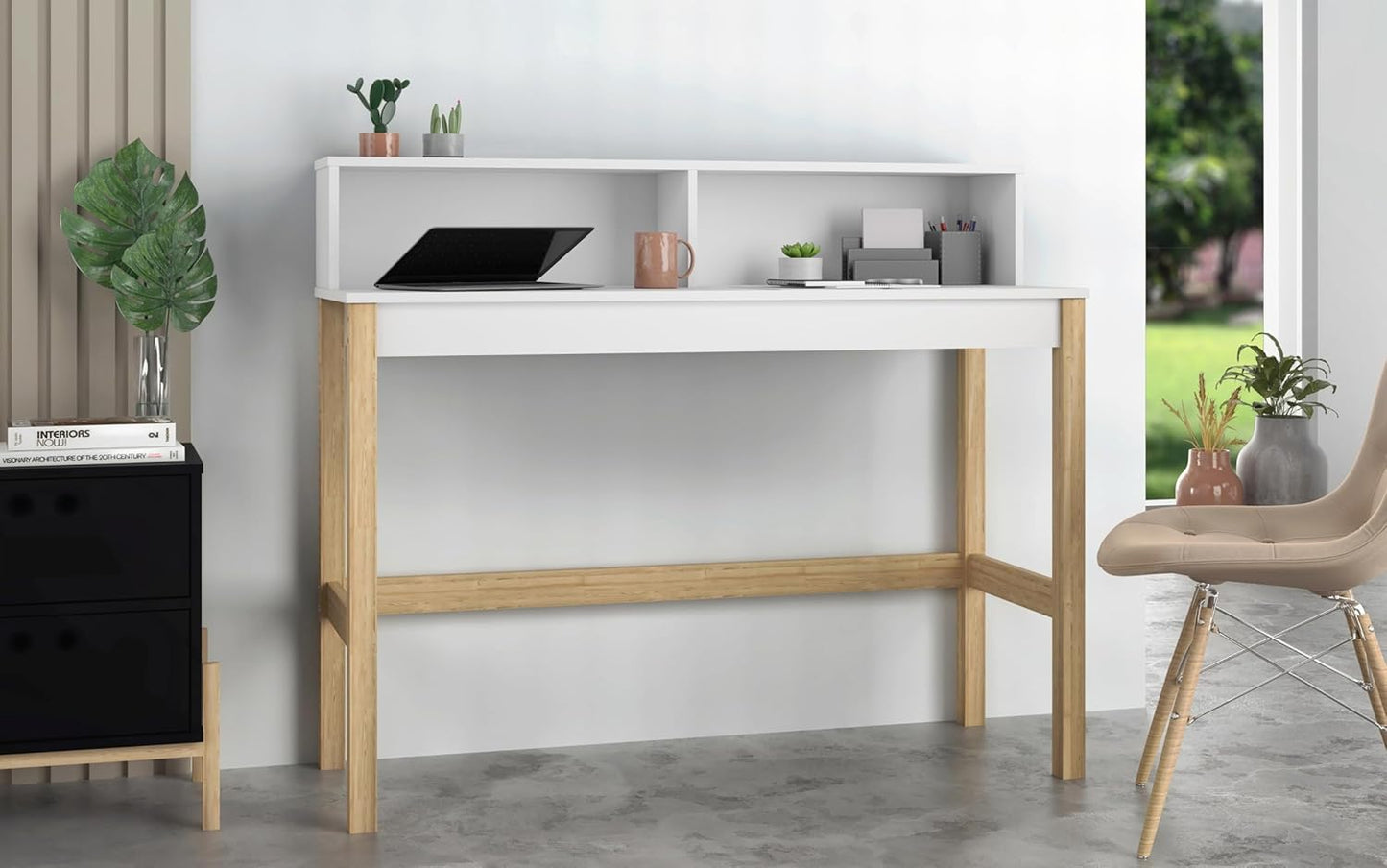 Manhattan Comfort Bowery 47 Inch Mid Century Modern Home Office Desk, Study Table or Entryway Furniture with 2 Cubbies and Rustic Wood Base, White/Oak